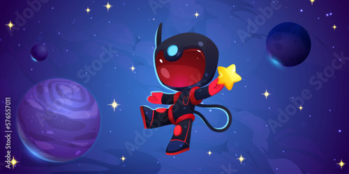 Astronaut in outer space with planets and stars. Cosmos background with cute cosmonaut in black spacesuit and red helmet holding star, vector cartoon illustration