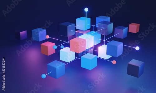 Decentralized blockchain system 3D concept, utilizing algorithmic technology and a distributed network for secure data clustering. Highly secure and reliable network for data storage and distribution.