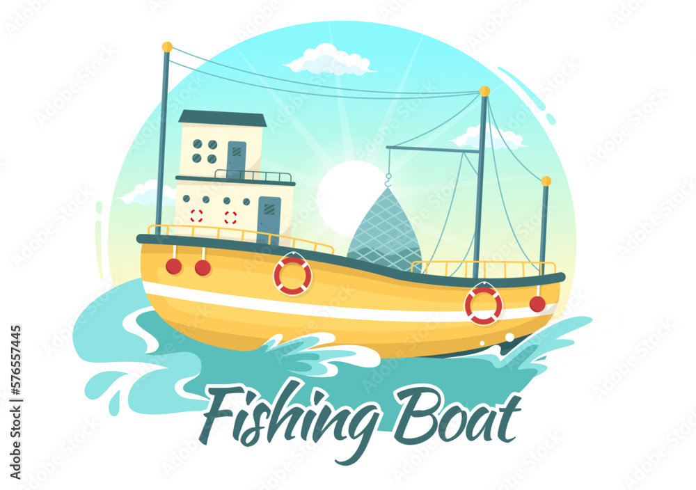 Fototapeta premium Fishing Boat Illustration with Fishermen Hunting Fish Using Ship for Web Banner or Landing Page in Flat Cartoon Hand Drawn Vector Templates