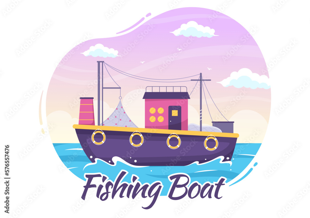 Fishing Boat Illustration with Fishermen Hunting Fish Using Ship for Web Banner or Landing Page in Flat Cartoon Hand Drawn Vector Templates