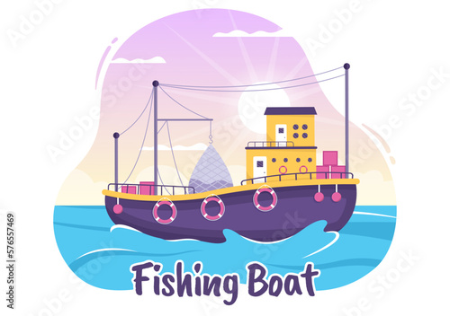 Fishing Boat Illustration with Fishermen Hunting Fish Using Ship for Web Banner or Landing Page in Flat Cartoon Hand Drawn Vector Templates