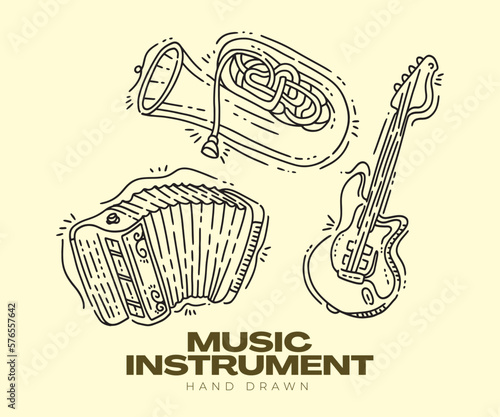 hand-drawn illustration of music instrument set