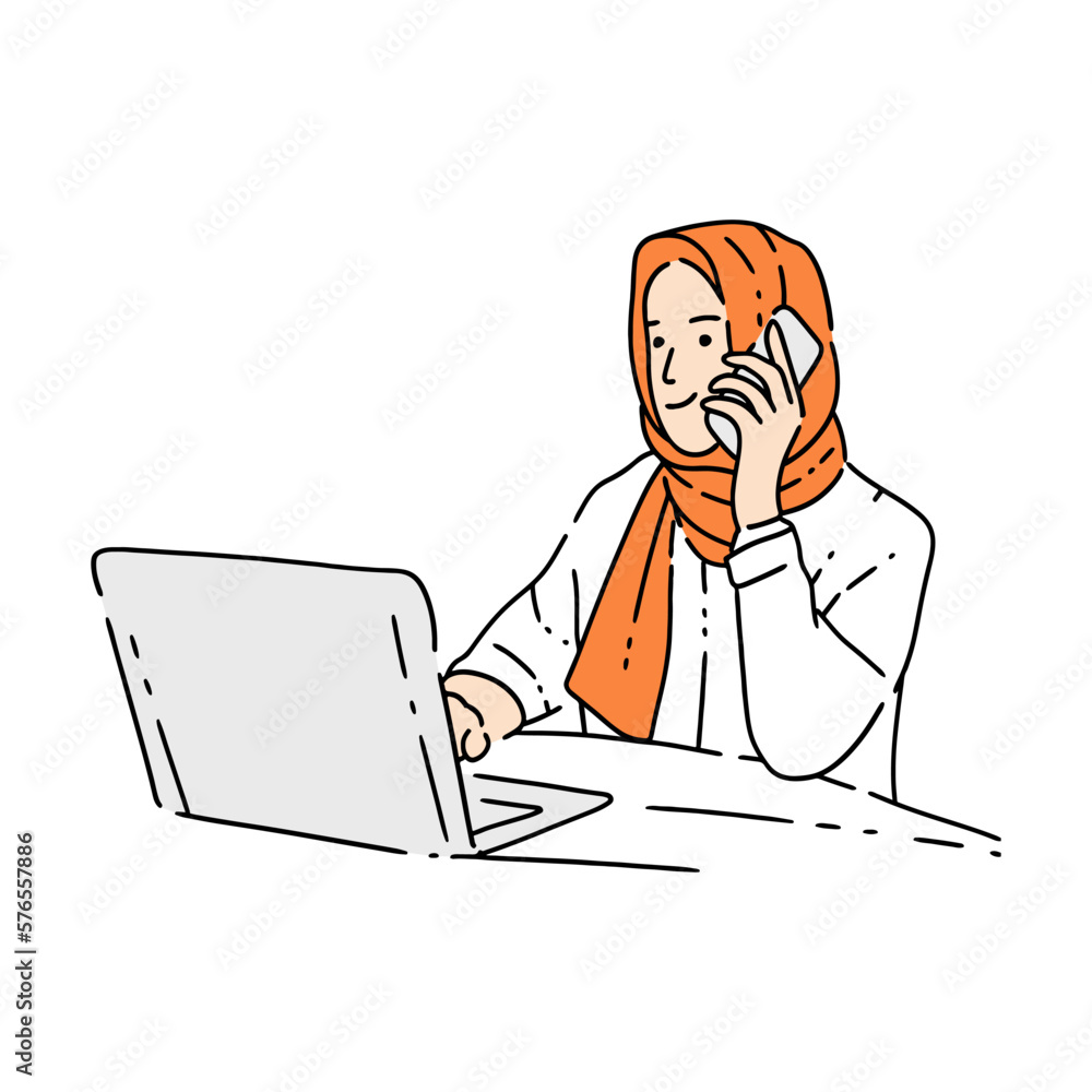 Hand-Drawn Illustration of Hijab Woman Working