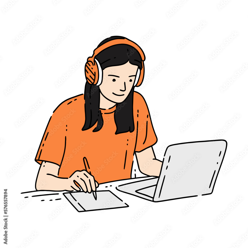 Hand-Drawn Illustration of Woman Drawing a Digital Artwork While Listening to Music with Headphone