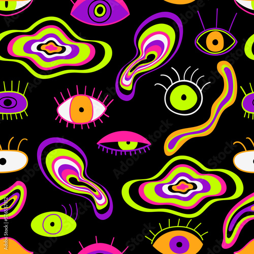 Hand drawn psychedelic seamless pattern. Bright acid print with evil eyes. Modern hallucination vector background. Conceptual art. Retro pop design for party, fabric, website.