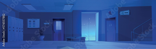 Night school hallway interior. Vector cartoon illustration of college or university corridor with class, office, wc doors, window view at dark starry sky, metal lockers, exit arrow sign above stairs