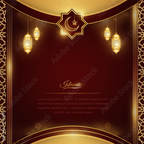 Ramadan Arabic Islamic Red and Golden Luxury Ornamental Background with Islamic Pattern and Decorative Lanterns