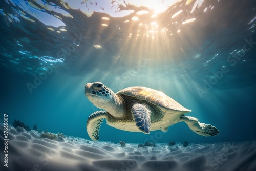 wild turtle floating over blue beautiful natural ocean with sunlight through water surface, generative ai