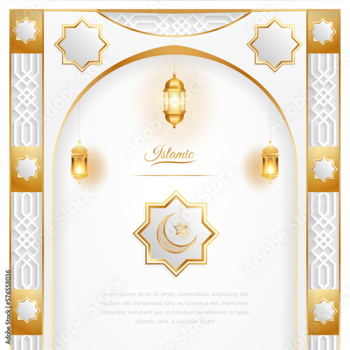 Ramadan Arabic Islamic White and Golden Luxury Ornamental Background with Islamic Pattern and Decorative Lanterns