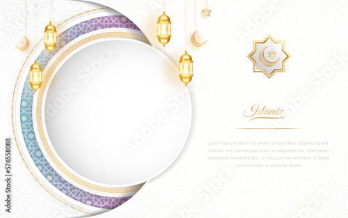 Ramadan Arabic Islamic White and Golden Luxury Ornamental Background with Islamic Pattern and Decorative Lanterns