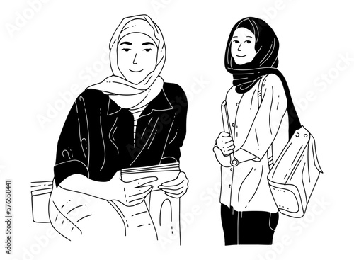 Hand-drawn of college student with hijab