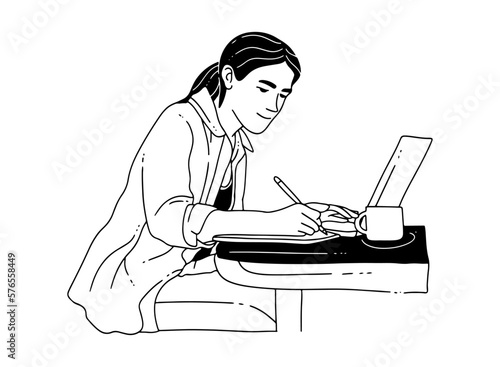hand-drawing of college student studying on the table