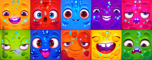 Cartoon set of cute square emoji with different emotions. Vector illustration of neon color funny faces smiling, angry, bored, scared, surprised, crazy, laughing. Game characters. Chat message symbols