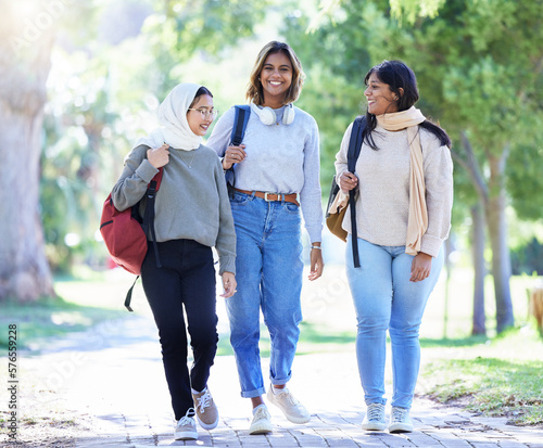 Obraz na plátně Islamic women, friends or diversity in park, garden or school campus for bonding break, social gathering or community