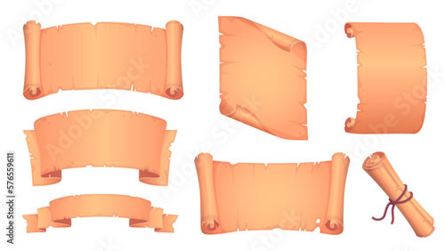 Old paper scrolls, ancient parchment and papyrus. Empty banners of papyrus rolls, manuscripts, antique documents, medieval letters isolated on white background, vector cartoon set