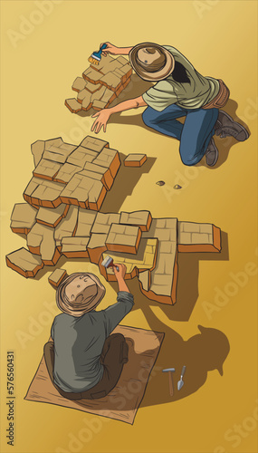 aerial illustration of archeologist working on the site