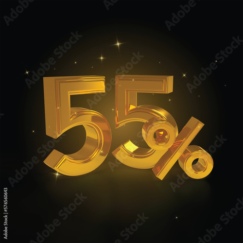 Promotion 55 percent number gold 3d discount on black background photo