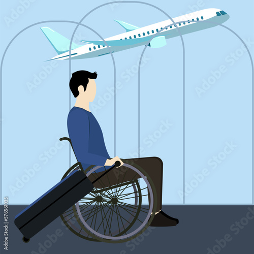 A man in a wheelchair with a suitcase goes on a trip by plane. Tourist. Cold colors, tones. 