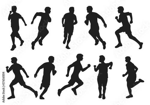 Run  set people walking  isolated vector silhouettes. Men s runner group