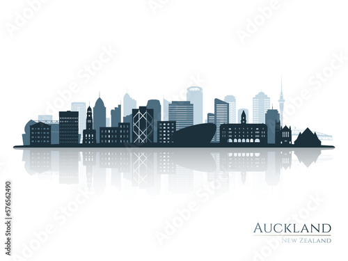 Auckland skyline silhouette with reflection. Landscape Auckland, New Zealand. Vector illustration.