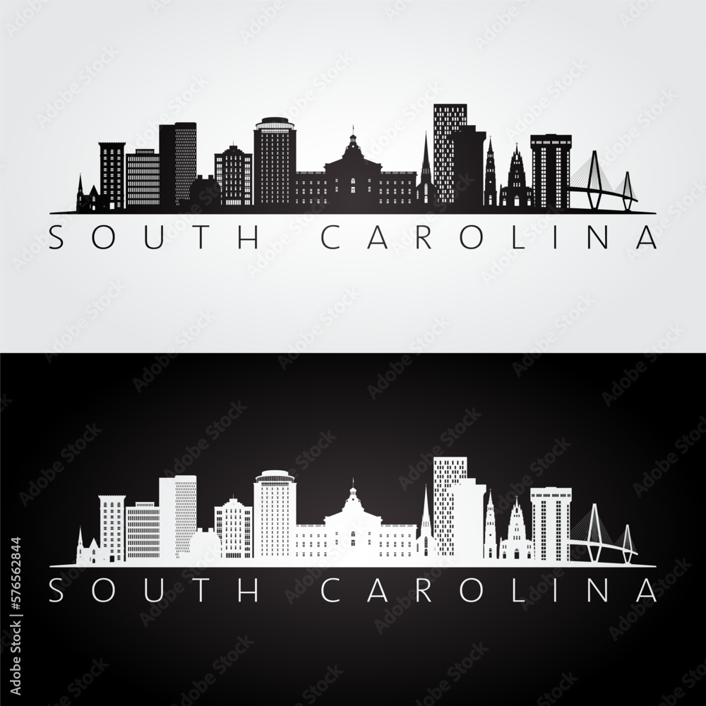 South Carolina state skyline and landmarks silhouette, black and white design. Vector illustration.