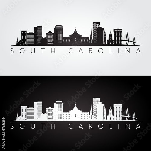 South Carolina state skyline and landmarks silhouette, black and white design. Vector illustration.