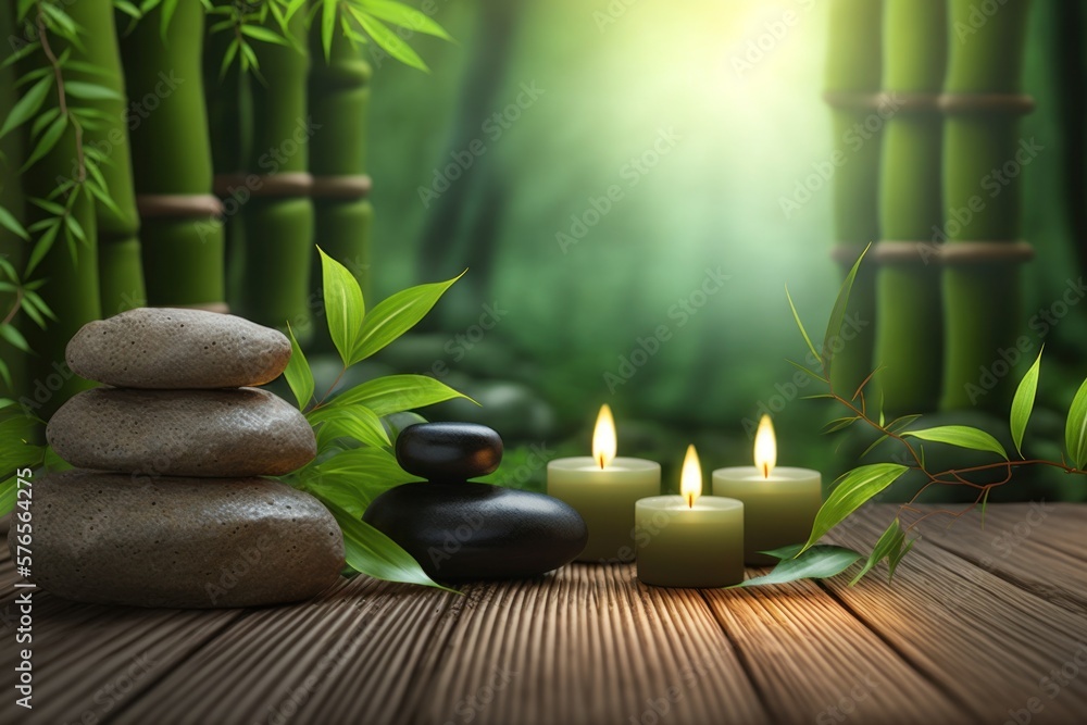 Bamboo and stones in a wellness spa. Generative AI. Zen Stones and