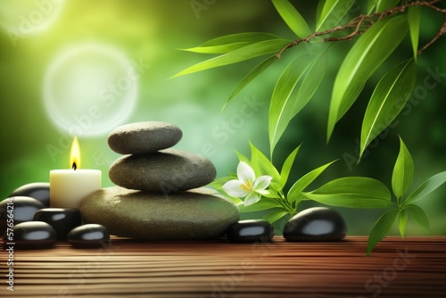 Bamboo and stones in a wellness spa. Generative AI. Zen Stones and Bamboo on the water. relax  enjoy at spa concept  GENERATIVE AI