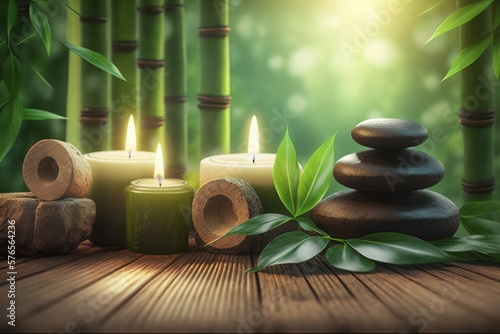 Bamboo and stones in a wellness spa. Generative AI. Zen Stones and Bamboo on the water. relax, enjoy at spa concept, GENERATIVE AI