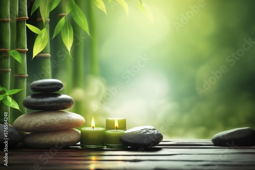Bamboo and stones in a wellness spa. Generative AI. Zen Stones and Bamboo on the water. relax  enjoy at spa concept  GENERATIVE AI