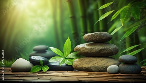 Bamboo and stones in a wellness spa. Generative AI. Zen Stones and Bamboo on the water. relax  enjoy at spa concept  GENERATIVE AI