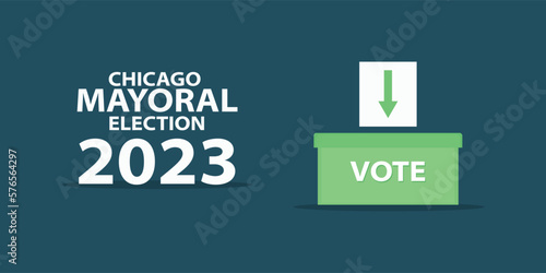 Chicago mayor elections 2023 isolated on dark blue background. American city elections vector graphic illustration. Arrow on white paper being casted in green vote box