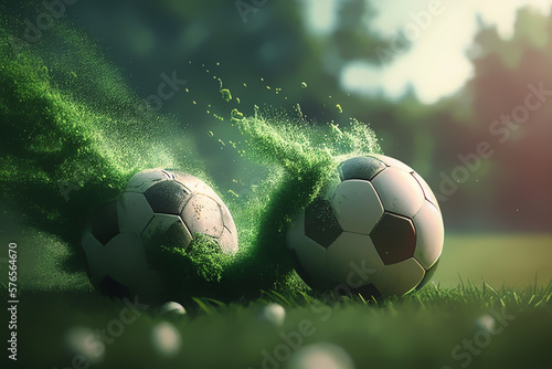 soccer ball with dust and smoke on green grass background , Generative AI © RainMelon