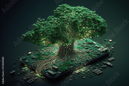 Tree with soil growing on the converging point of computer circuit board. GENERATIVE AI photo