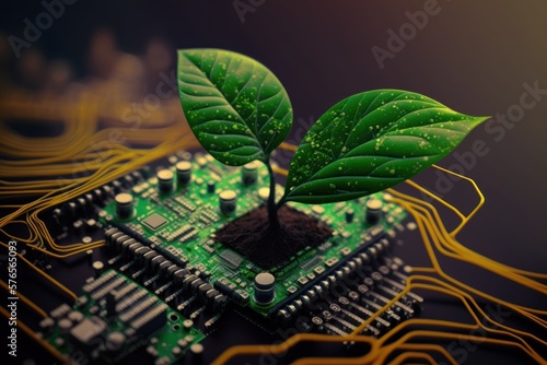 Tree with soil growing on the converging point of computer circuit board. GENERATIVE AI