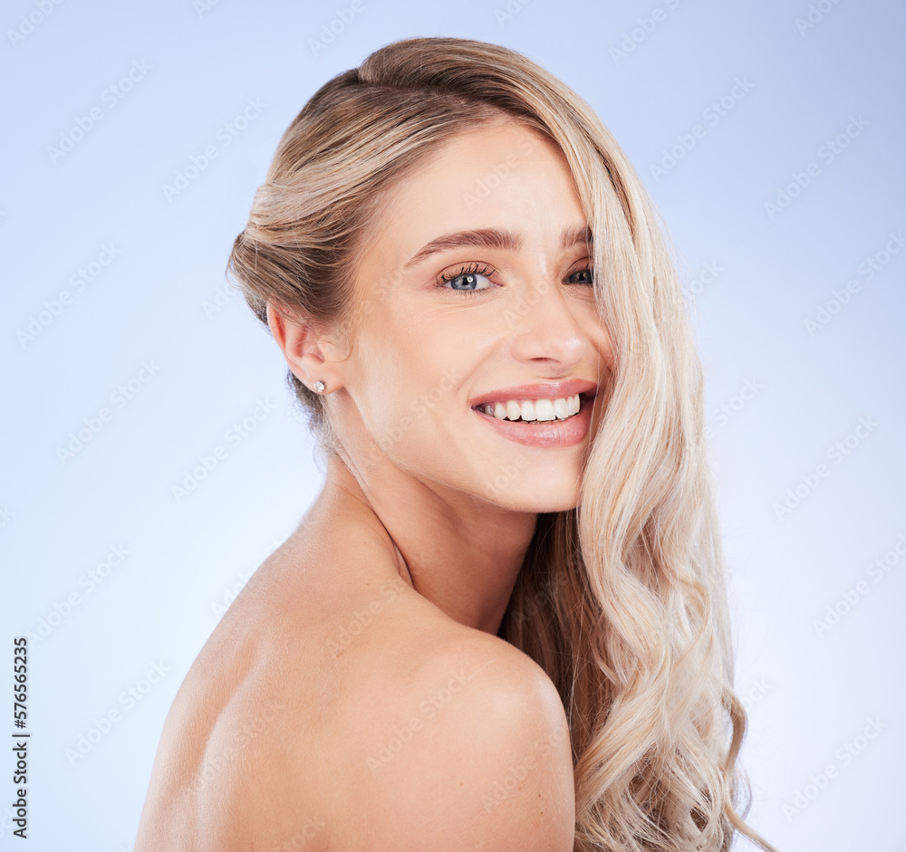 Face portrait, beauty and hair care of woman in studio isolated on a blue background. Cosmetics, keratin and happy young female model with salon treatment for hairstyle, blonde balayage and growth. Face portrait, beauty and hair care of woman in studio isolated on a blue background. Cosmetics, keratin and happy young female model with salon treatment for hairstyle, blonde balayage and growth.