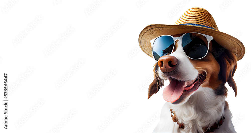 
Happy dog ​​in sunglasses and hat for summer for decorating projects Transparent background. generative AI