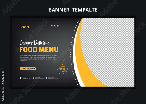 Restaurant food menu social media marketing web banner. Pizza, burger or hamburger online sale promotion video thumbnail. Fast food website background. Food flyer with logo and business icon.