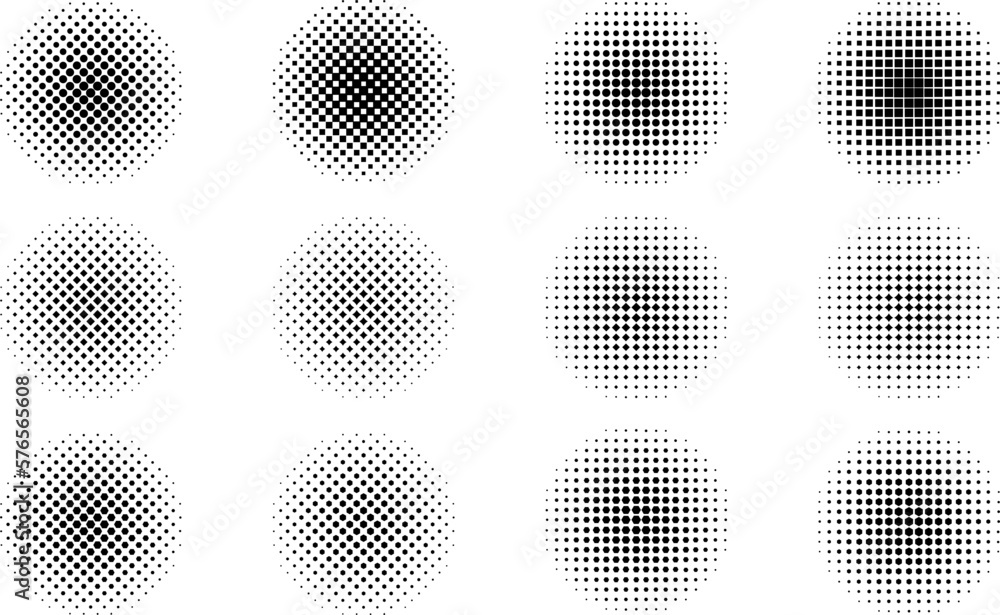 Halftone dots in circle frames, set of round dots pattern geometric backgrounds