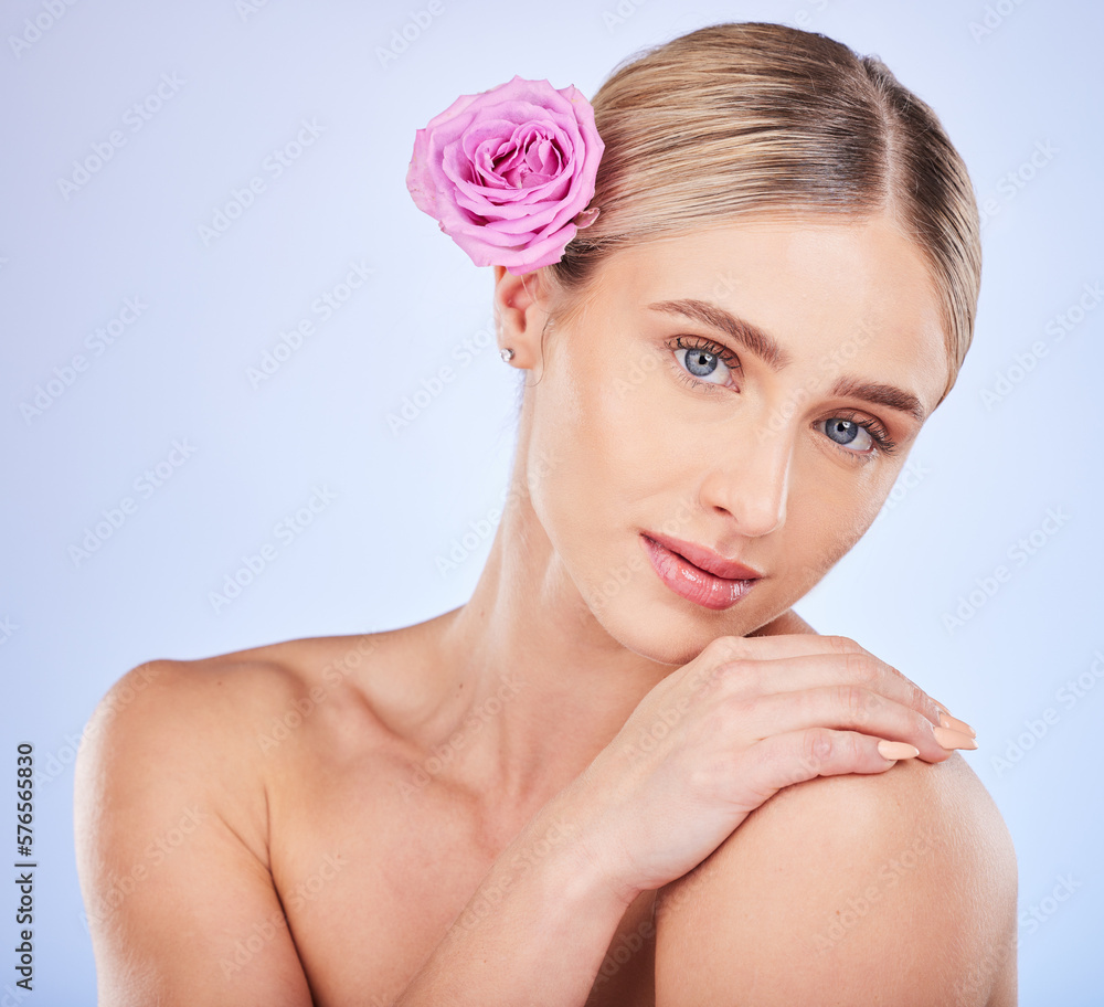 Beauty, skincare and rose with portrait of woman for self care, natural cosmetics and glow. Spring, spa and facial treatment with girl model and flowers for blossom, organic and plants in studio Beauty, skincare and rose with portrait of woman for self care, natural cosmetics and glow. Spring, spa and facial treatment with girl model and flowers for blossom, organic and plants in studio