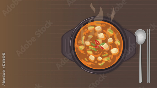 한국 국 음식 된장찌개, 된장국, 배경 분리되는 한국 요리 일러스트 이미지 korean food bean paste soup, doenjang soup, stew jjigae illustration