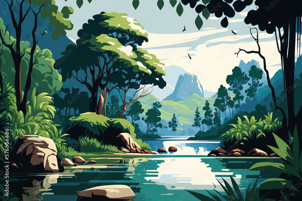 River and Forest - Landscape Painting - Tropical - by Generative AI