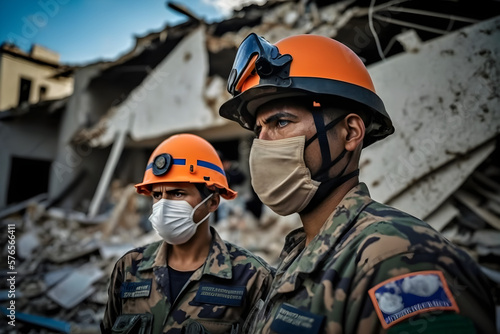 Rescuers in uniform and helmets dismantle the rubble of houses after the earthquake