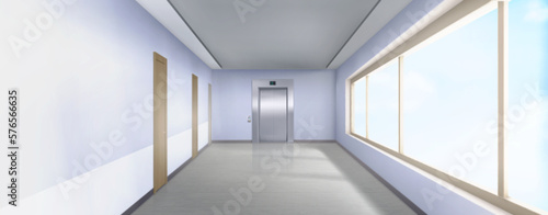 Hospital or office corridor interior with metal elevator doors and windows. Empty modern building hallway with blue walls, closed doors and steel lift gates, vector realistic illustration