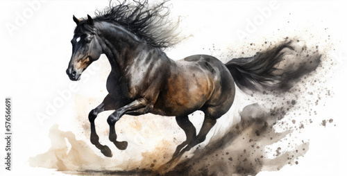 A beautiful black horse running in the sand. Watercolor paint.