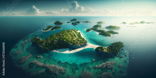 Aerial view.illustration of  tropical island and blue smooth sea,ocean for Summer holiday or vacation concepts.long banner size key visual design.generative ai © Limitless Visions