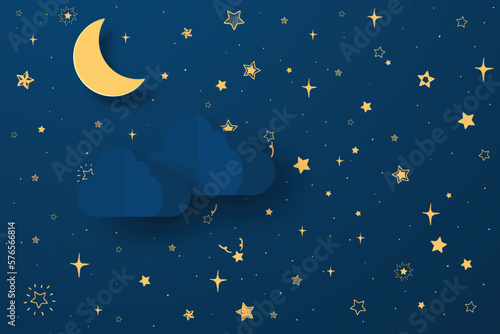 night sky with stars and moon. paper art style. Dreamy background with moon stars and clouds, abstract fantasy background. Half moon, stars and clouds on the dark night sky background.