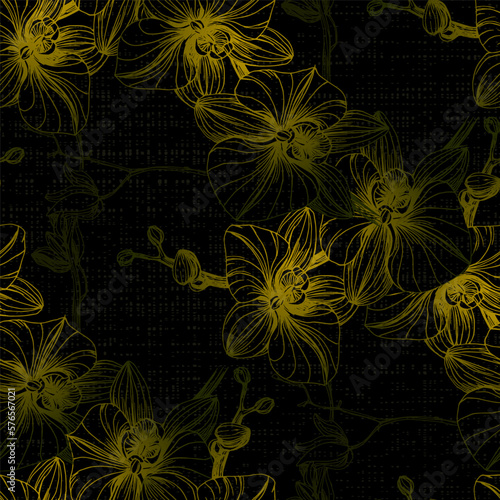 Vector hand drawn seamless pattern with stylized orchid branch for your design, pattern can be used for wallpaper, invitation, fabric.