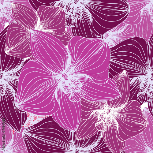 Vector hand drawn seamless pattern with stylized orchid branch for your design, pattern can be used for wallpaper, invitation, fabric.