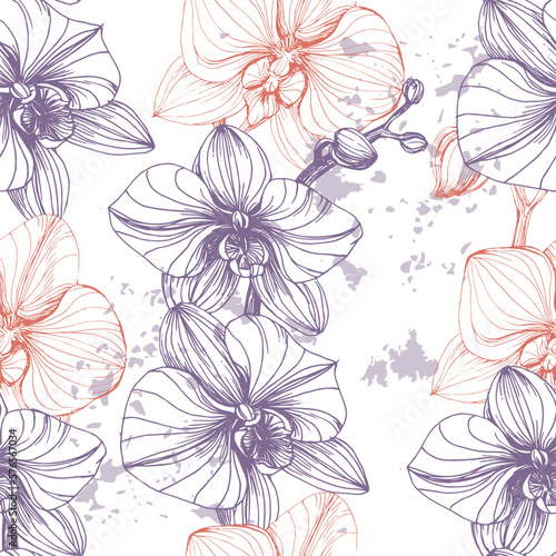 Vector hand drawn seamless pattern with stylized orchid branch for your design, pattern can be used for wallpaper, invitation, fabric.